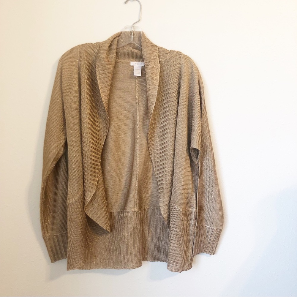 Cache gold sparkly drape front knit cardigan